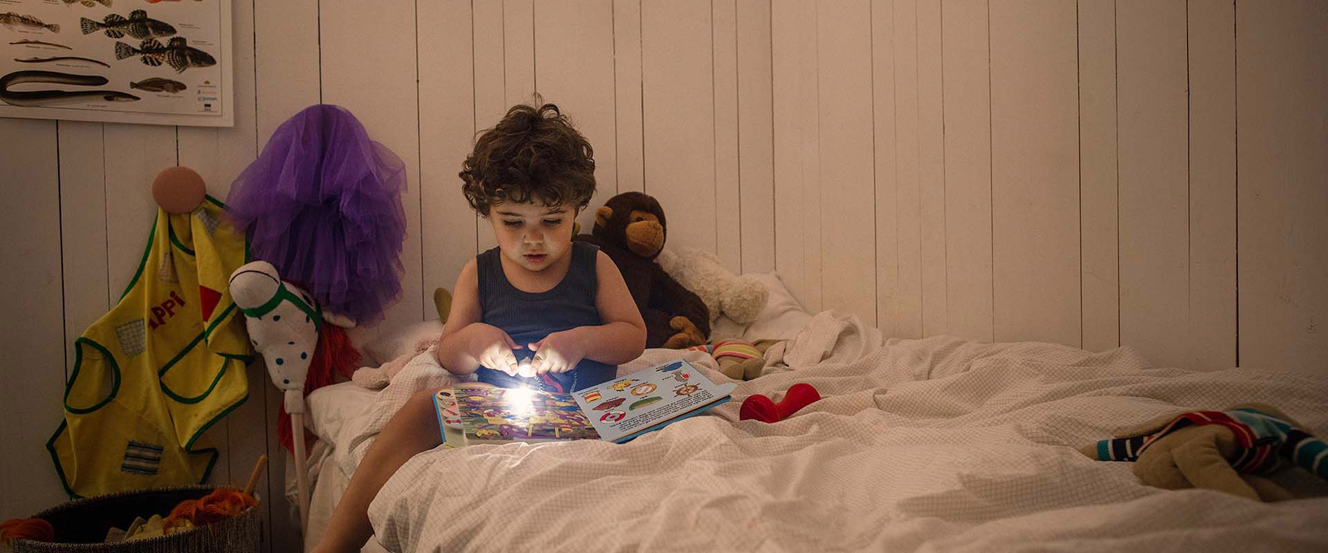 Junge mit Buch im Bett